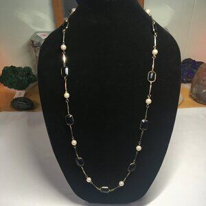 Goldtone, Black Crystal & Pearl Necklace & Bracelet